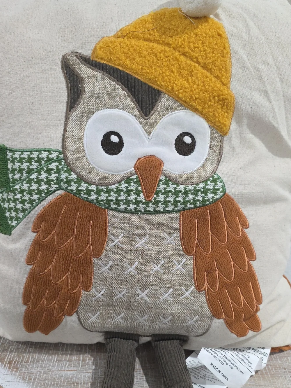 Isaac Mizrahi Cream Holiday Owl Pillow with Mustard Hat and Green Scarf